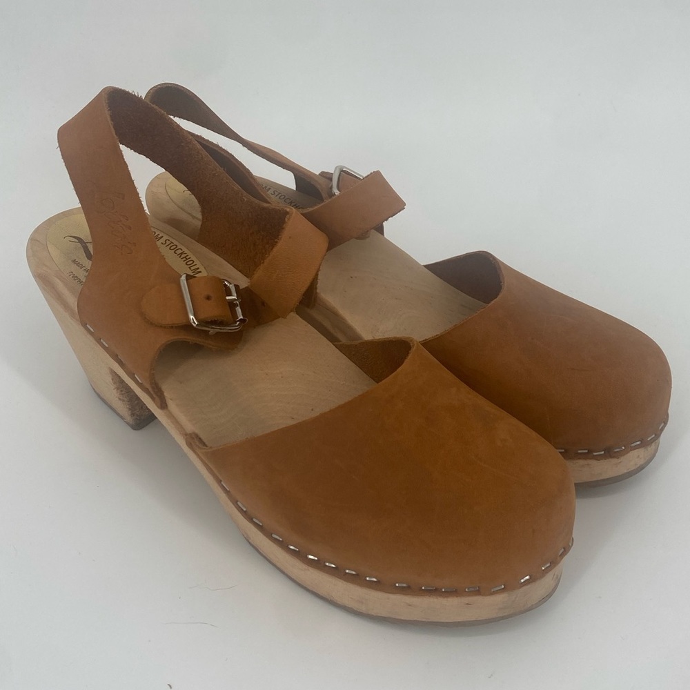 Lotta From Stockholm Brown Leather Nubuck Wooden Swedish Clogs Womens Size 40 9